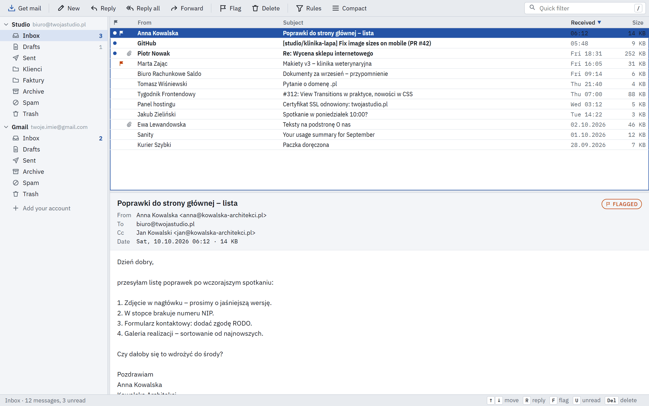 Telex: The main window: folders, message list and preview, with the sample mailbox.