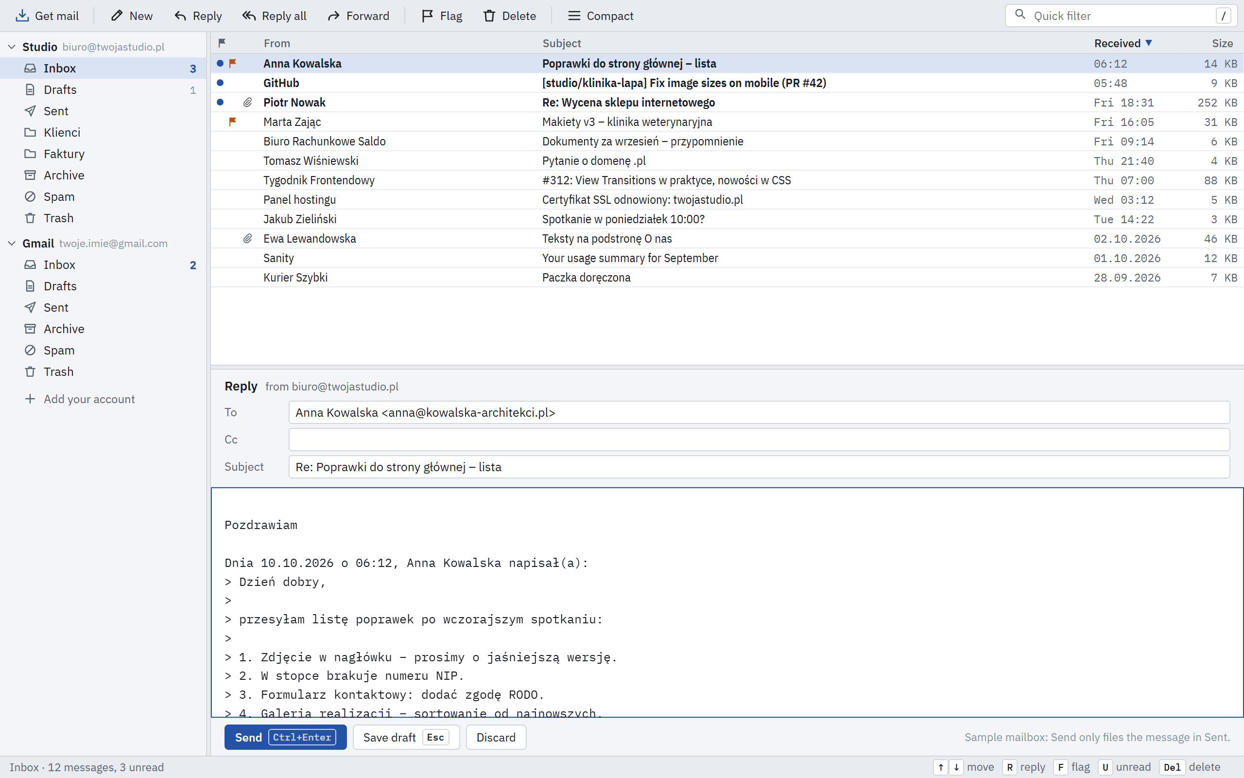 Telex: R opens the reply right in the reading pane: plain text in a mono face, quoted with a Polish header.