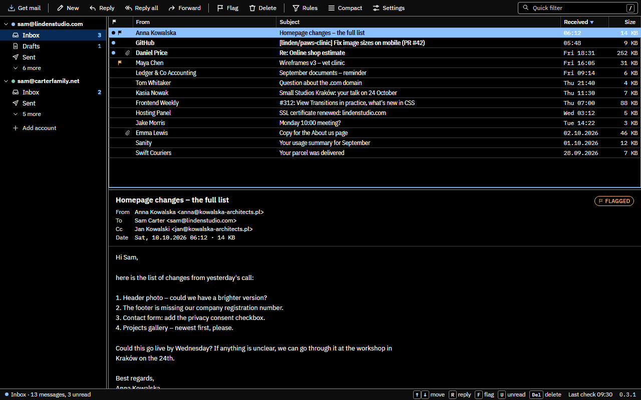 Telex in the High contrast dark theme: the folder list, the message list and a message.