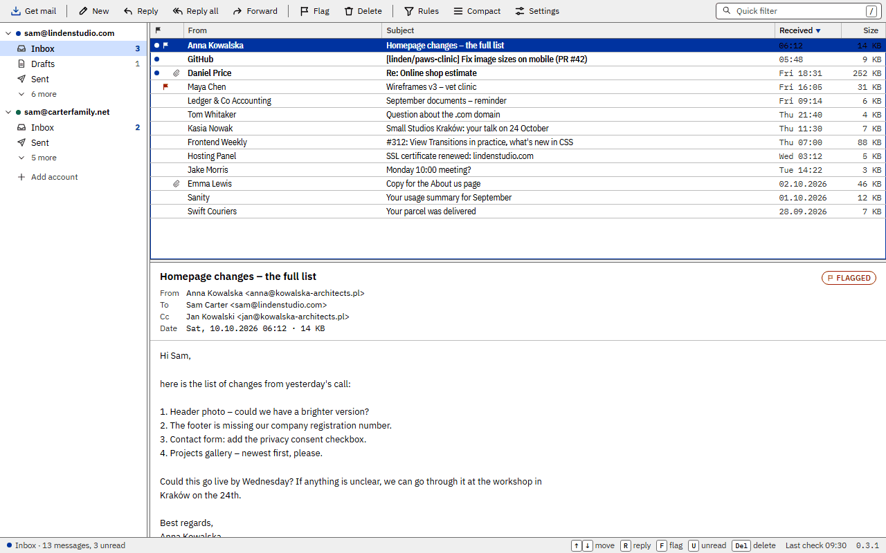 Telex in the High contrast light theme: the folder list, the message list and a message.