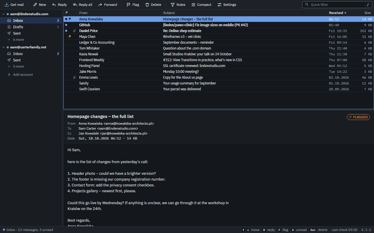 Telex in the Dark theme: the folder list, the message list and a message.