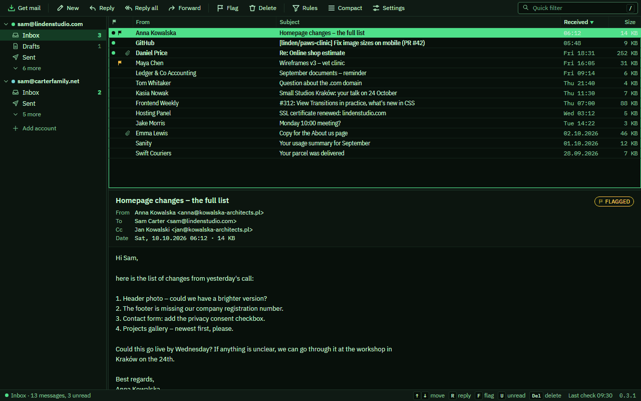 Telex in the Phosphor theme: the folder list, the message list and a message.